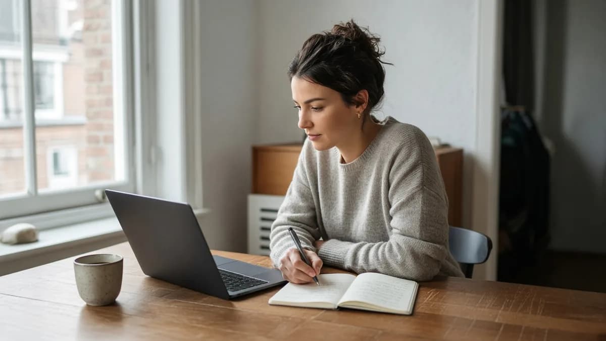 Vrouw aan een bureau bij het raam die op haar laptop een bestelling plaatst en punten afvinkt in een notitieboek