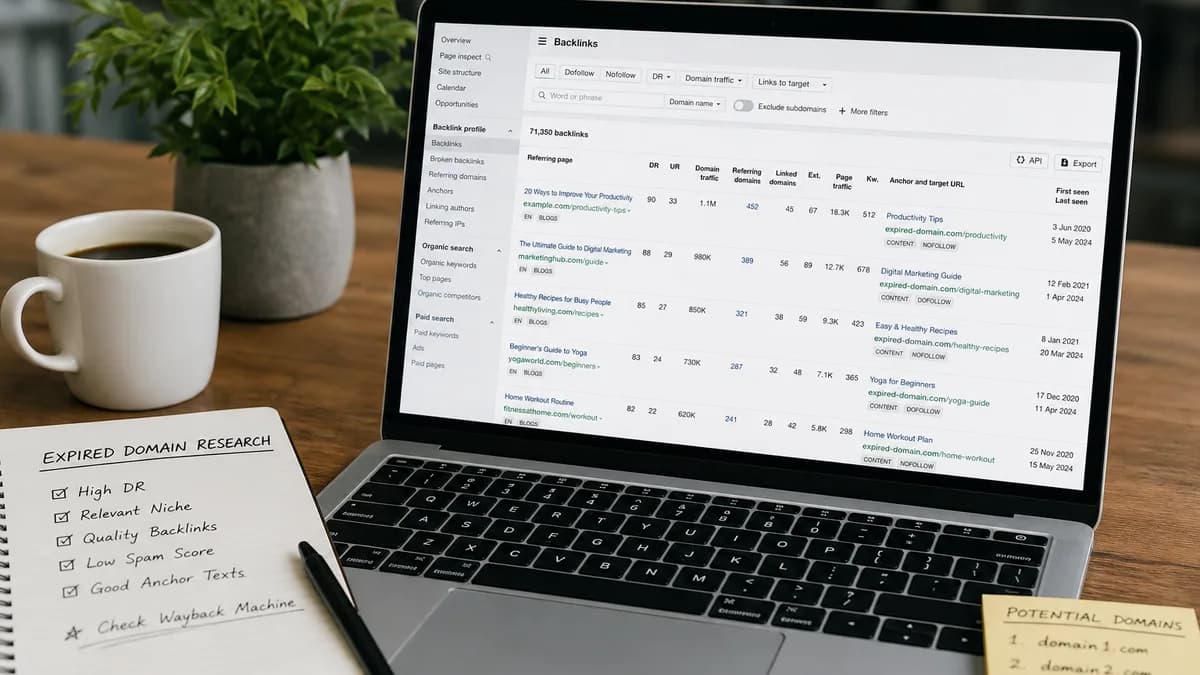Whiteboard met een linkdiagram en laptop, onderzoek naar backlinks van vervallen domeinen