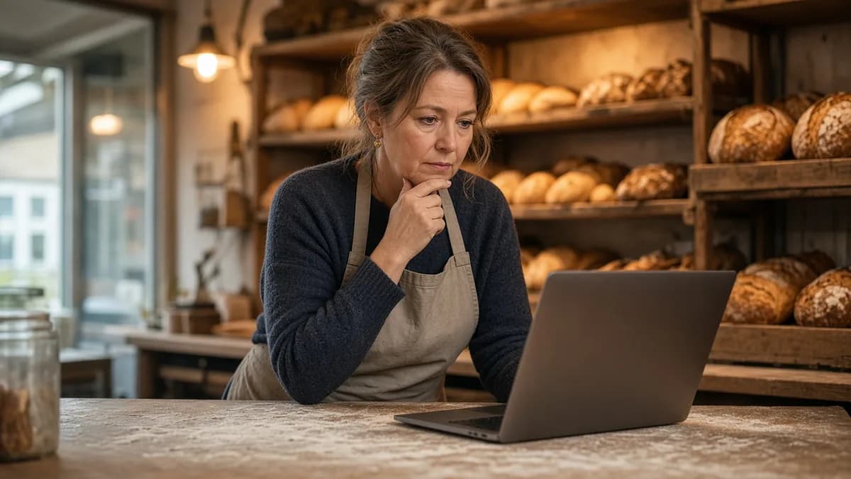 Bakkerseigenaar achter de toonbank die bezorgd naar haar laptop kijkt
