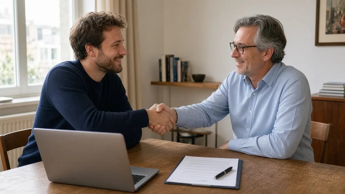 Twee ondernemers geven elkaar een hand aan een tafel met een laptop en een overeenkomst
