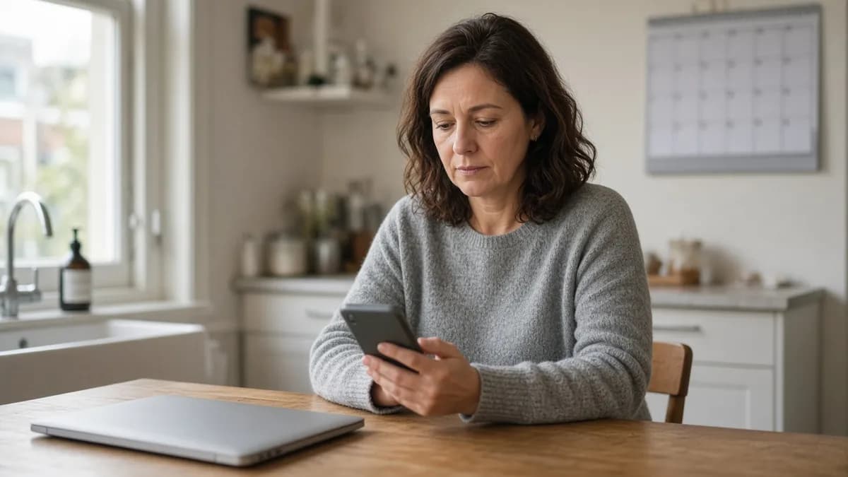 Vrouw aan de keukentafel die een herinnering op haar telefoon leest, met een gesloten laptop en een wandkalender