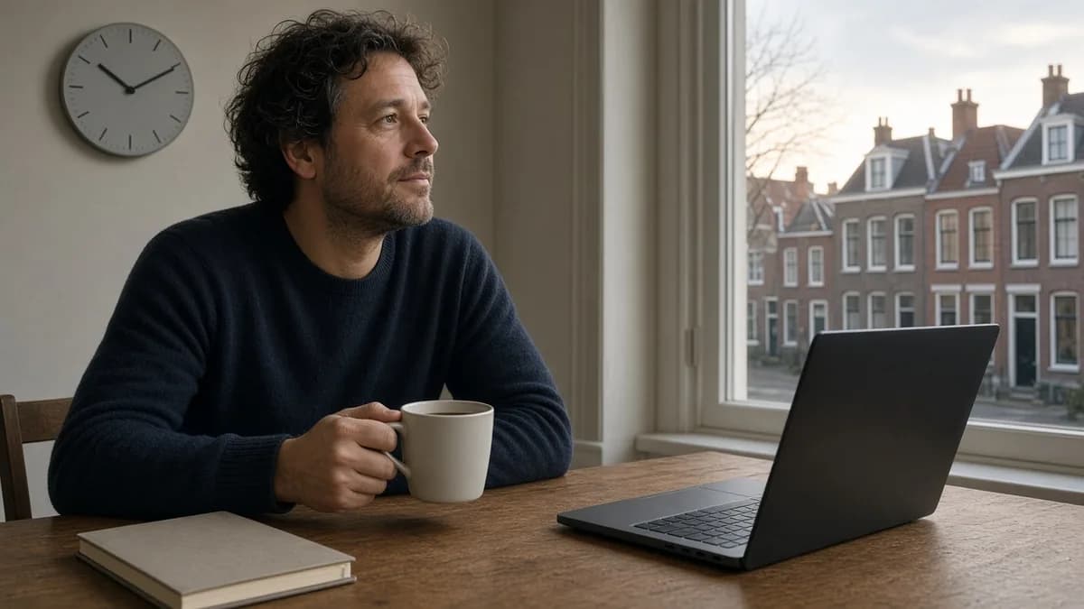 Man met een kop thee aan een bureau bij het raam die vroeg in de ochtend op de klok kijkt, wachtend op een vrijgavemoment
